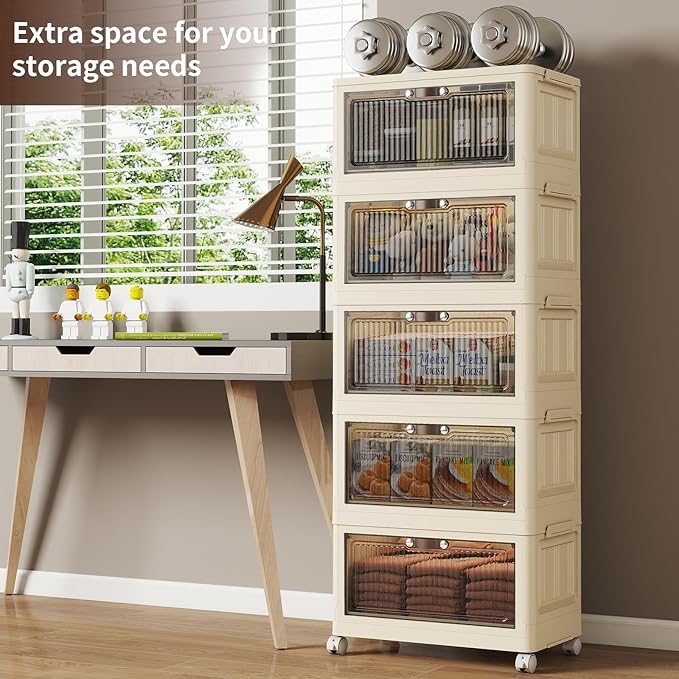 5 Tier - 48QT Storage Bins with Lids Collapsible Storage Bins with Doors and Wheels Plastic Storage Cabinet for Easy Storage and Organization for Living Room Office
