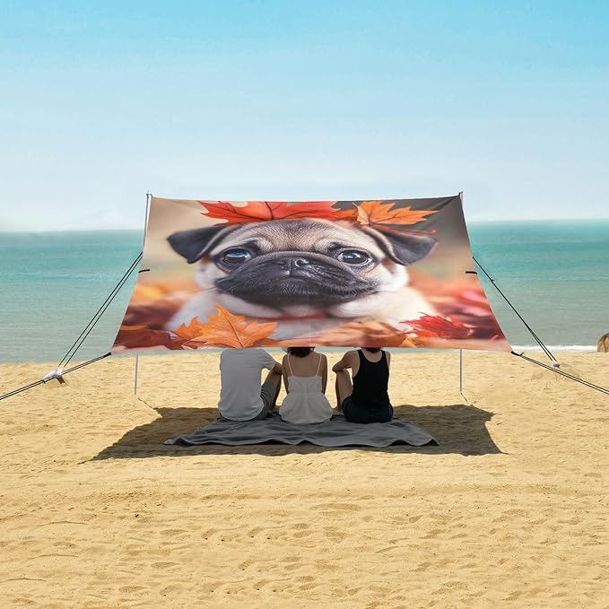 ALAZA Pug Puppy Dog Maple Leaves Beach Tent Sun Shelter Portable Canopy Sunshade for Outdoor Camping Picnics Backyard Fun 10x9 ft