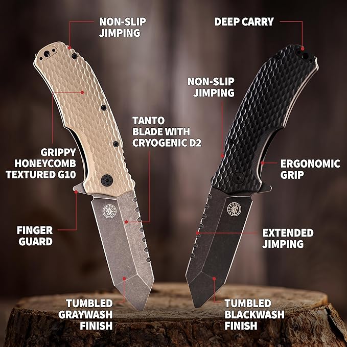 Off-Grid Knives - Rapid Fire Viper Assisted Tanto Blade Hard Use Build Tactical Camping &amp Survival EDC Cryo D2 Steel Blackwash G10 Scales Deep Pocket Carry (Blackout)