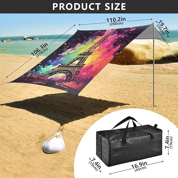 ALAZA Retro Eiffel Tower Vintage Colorful Beach Tent Sun Shelter Portable Canopy Sunshade for Outdoor Camping Picnics Backyard Fun 10x9 ft