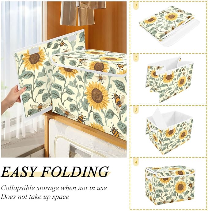 Collapsible Storage Bins with Lids Decorative Fabric Storage Cubes Closet Organizer and Storage Basket Boxes Containers for Clothes Box Chest Nursery Folding Rectangle Beige Bees Sunflower