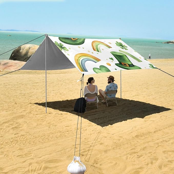 xigua St. Patrick's Day Beach Tent Sun Shelter with Carrying Bag - Silver Coated Oxford Fabric Beach Canopy for Beach Camping Fishing - Includes Windproof Ropes Sandbags &amp Stakes