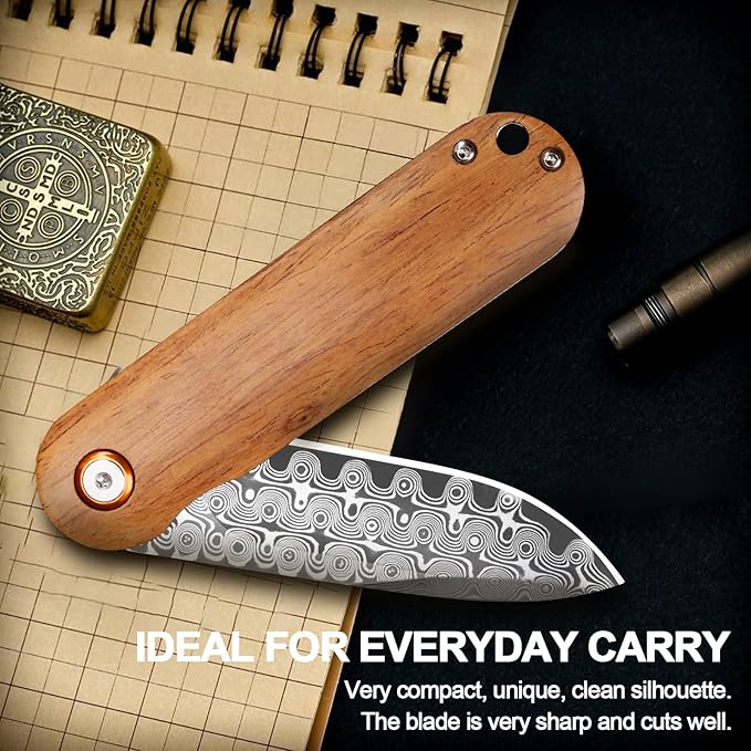 Zingbee Damascus Pocket Knife 2.95 Damascus Steel Blade Pocket Knives &amp Folding Knives Wooden Handles EDC Knife for Women Men