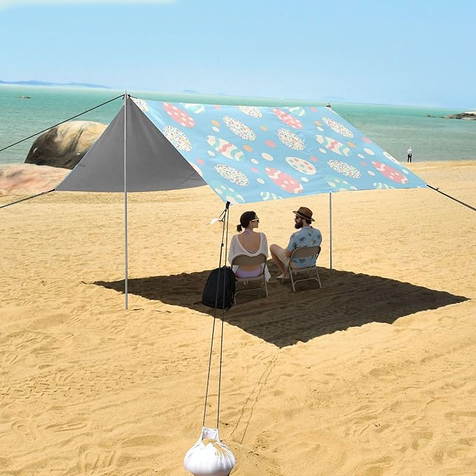 Easter Egg Beach Canopy Sun Shelter with Sandbags &amp Sand Shovel &amp Windproof Ropes - Portable 110x126 Beach Shade Beach Tent for Camping Picnics