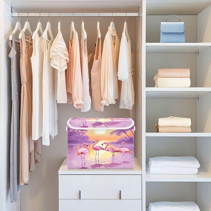 MNSRUU Containers Baskets with Lids Four Flamingos Fabric Foldable Storage Bins Organizer with Lid Collapsible Storage Boxes for Home Bedroom Closet Office