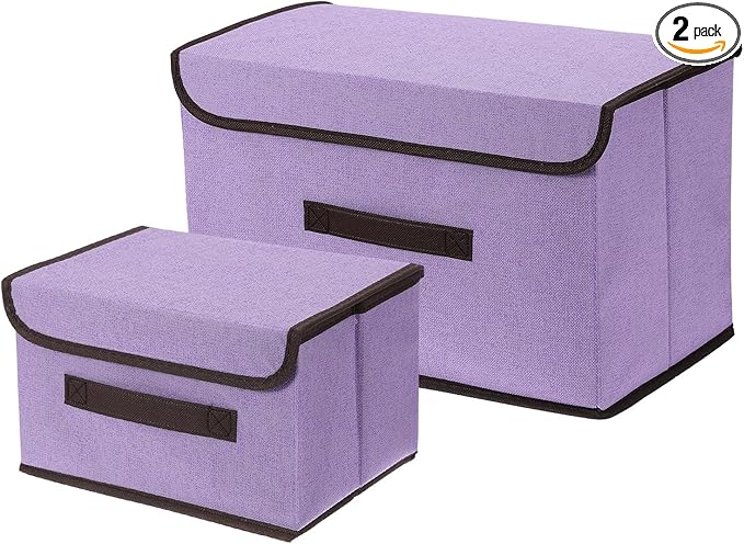 uxcell 2Pcs Storage Bin with Lid Fabric Foldable Box Decorative Storage Boxes with Lids for Keepsake Shelf Closet Nursery Home Bedroom(Purple S &amp L Size)