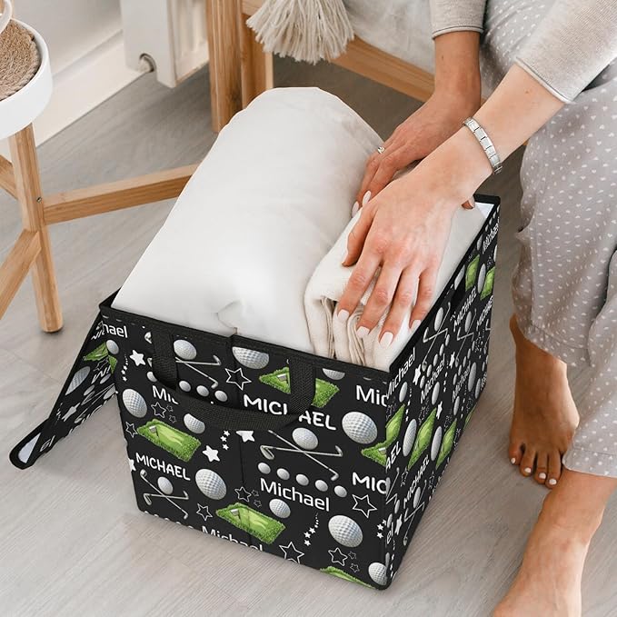 Golf Ball Custom Storage Bins with Lid Foldable Fabric Personalized Storage Basket Box with Handle Storage Organizer Container for Home Bedroom Closet