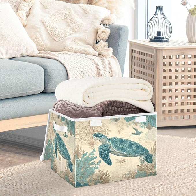 Retro Sea Turtle Compass Collapsible Storage Bins with Lids Decorative Fabric Cubes Closet Organizer Basket Boxes Containers for Clothes Box Chest Folding Rectangle