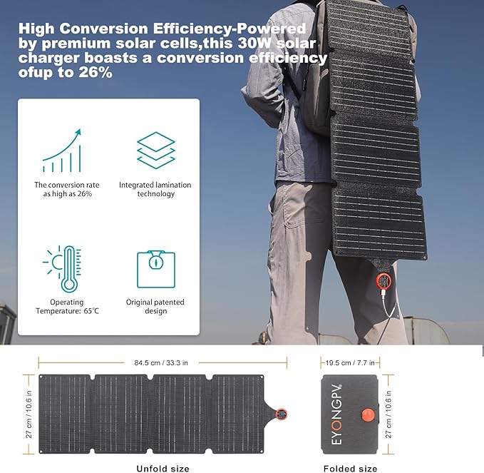 EYONGPV 30W Portable Foldable Solar Panel &amp Solar Charger with Croc-Eye USB-C PD Fast Charging Output IP67 Waterproof Compact Solar Charger for Phones Power Banks Camping Hiking Backpacking