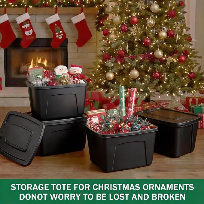 Storage Bins with Lids - Made in USA 18-Gallon (72-Quart) 4PC Black Storage Totes with Lids Heavy Duty Plastic Stackable Containers Large Storage Boxes for Home and Office Organization