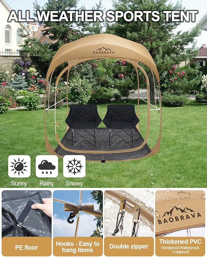 Baobrava Pop Up Sports Tent - Thick PVC Scratch-Resistant Bubble Clear Tent Instant Weather Proof Pod with Extra Top Cover for Soccer Football Games Outdoor Events 1-2 Person