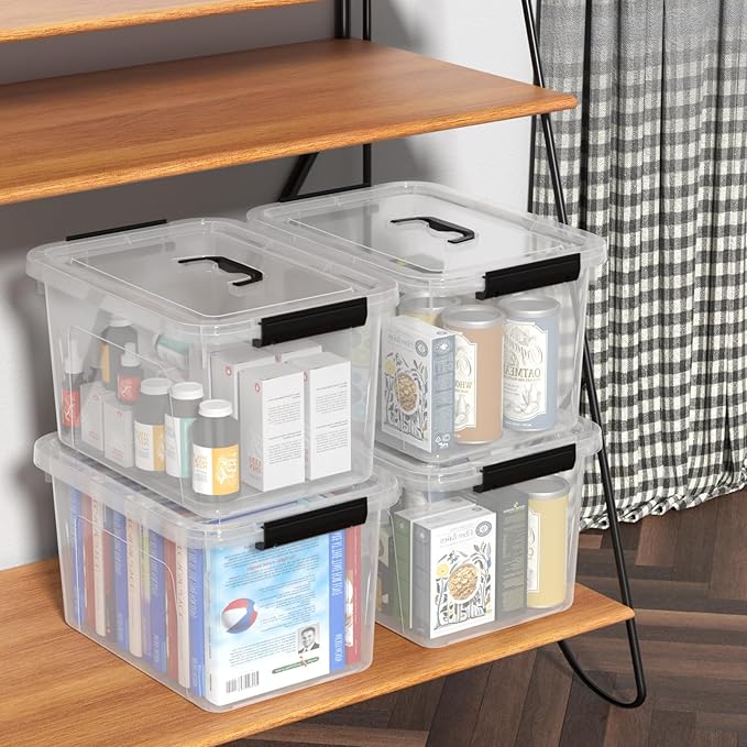 Quickquick 18 Quart Plastic Clear Latch Storage Boxes Latching Bin with Handle 4 Packs