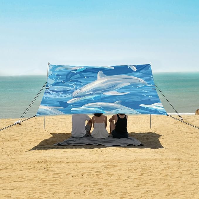 ALAZA Dolpins Seamless Bule Beach Tent Sun Shelter Portable Canopy Sunshade for Outdoor Camping Picnics Backyard Fun 10x9 ft