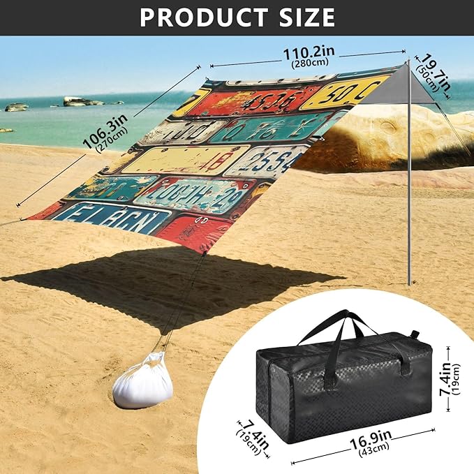 ALAZA Retro Auto License Plates Beach Tent Sun Shelter Portable Canopy Sunshade for Outdoor Camping Picnics Backyard Fun 10x9 ft