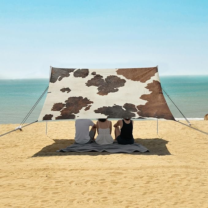 Beach Tent Cow Print Camping Sun Shelter UPF50+UV Protection Easy Setup Portable Shade Tent with 4 Sandbags for Camping Trips Fishing 8.8x9.1 Ft