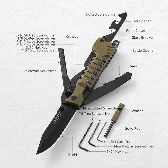 Multi Pocket Knife 22 in 1Survival Gear EDC Tools with Nylon Sheath Emergency Camping Hiking Hunting Gift for Men Women (Desert Gray)