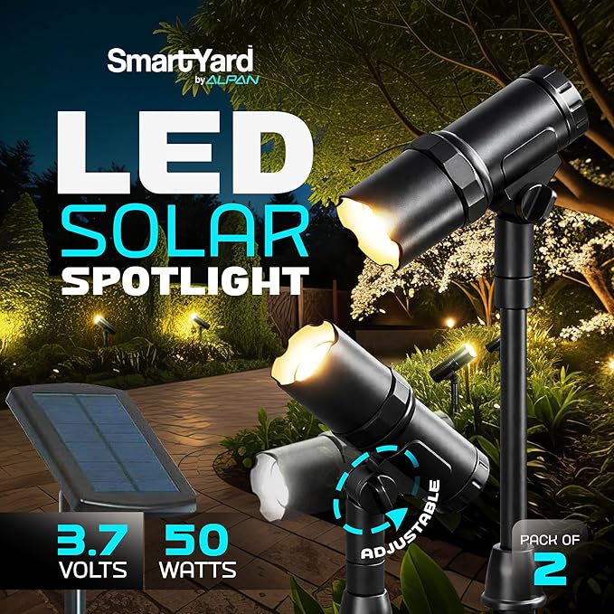 Outdoor Solar Spotlight 2 Pack with 15 Panel - Waterproof LED Easy to Install Adjustable Height Outdoor Solar Lights for Yard Garden Patio Trees - Solar Landscape Lights &amp Accent