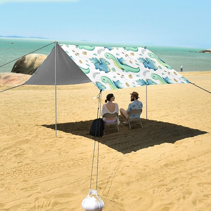 xigua Cartoon Dragons Beach Tent Sun Shelter with Carrying Bag - Silver Coated Oxford Fabric Beach Canopy for Beach Camping Fishing - Includes Windproof Ropes Sandbags &amp Stakes