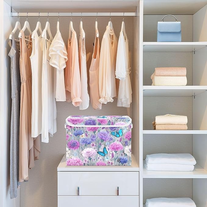 Grey Pink Corflower Butterfly Storage Box with Lid 1 PC Foldable Storage Bin with Lids Stackable Storage Bins Cube Closet Organizer Basket with Flip-Top Lid &amp Handles for Shoes Books Towels