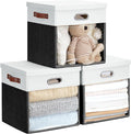 Fabric Storage Cubes with Clear Windows and Lids 13'' Foldable Storage Bins with 3 Handles Decorative Storage Boxes for Home Bedroom Closet Office (Balck &amp White)