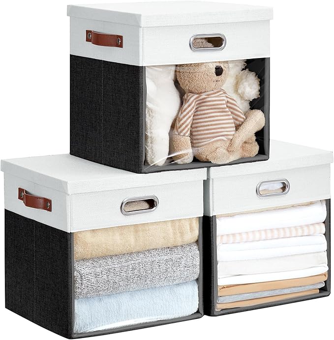 Fabric Storage Cubes with Clear Windows and Lids 13'' Foldable Storage Bins with 3 Handles Decorative Storage Boxes for Home Bedroom Closet Office (Balck &amp White)