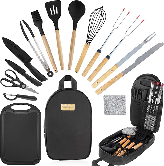 Camping Accessories Kitchen Cooking Utensils Set - Portable Outdoor Camp Cookware Set Silicone Camper Essentials Gear Must Have Supplies for Travel RV BBQ Grill Picnic Hiking