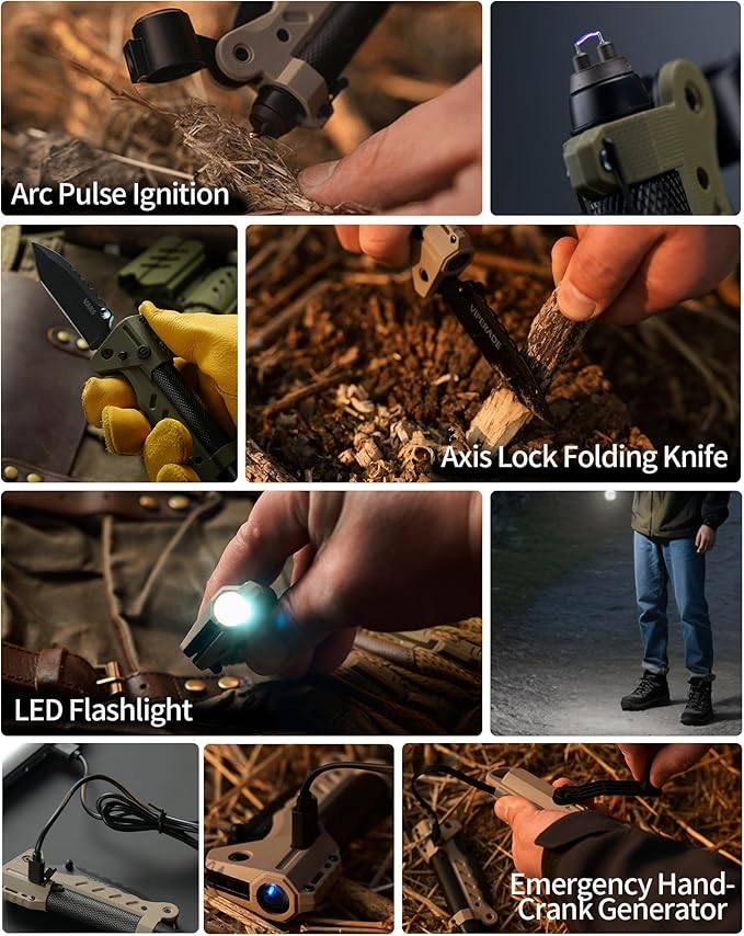 VIPERADE VAK6 Survival Multitool with Folding Knife LED Flashlight Pulse Ignition and Hand Crank Generator Camping Multitool Knife Rechargeable Flashlight with Belt Sheath