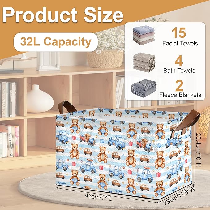 32L Large Storage Bins with Handles Basket Organizer for Shelves Closet Books Laundry &amp Home Decor (Cute Bear Car)