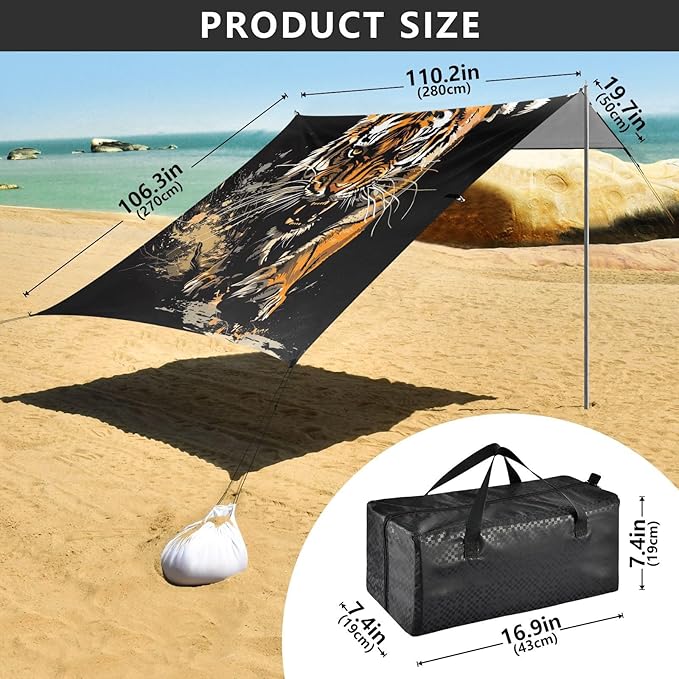 ALAZA Tiger Swooping Howling Beach Tent Sun Shelter UPF50+ Protection Beach Shade Canopy w/ 4 Sandbags for Outdoor Camping Fishing Backyard Fun Picnic 10x9 ft