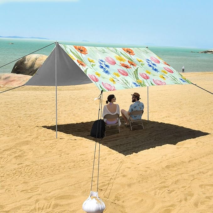 Wildflowers Beach Canopy Sun Shelter with Sandbags &amp Sand Shovel &amp Windproof Ropes - Portable 110x126 Beach Shade Beach Tent for Camping Picnics