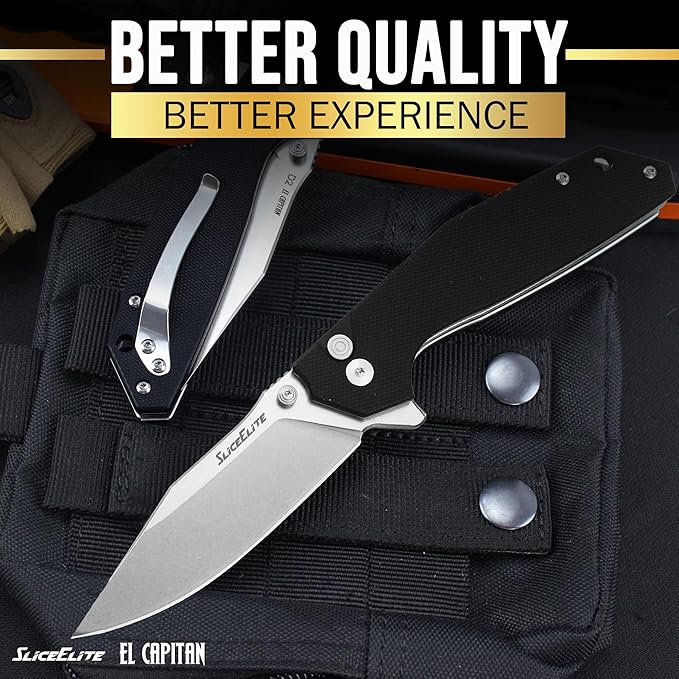 SliceElite El Capitan Folding Knife 3.5 in D2 Steel Clip Drop Blade Black G10 Handle Manual Button Lock Pocket Carry