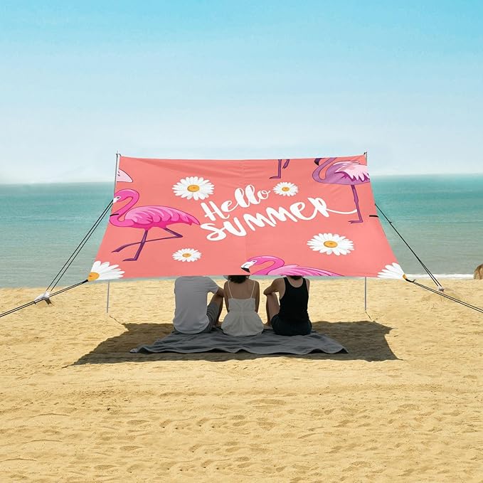 xigua Flamingos Beach Tent Sun Shelter with Carrying Bag - Silver Coated Oxford Fabric Beach Canopy for Beach Camping Fishing - Includes Windproof Ropes Sandbags &amp Stakes
