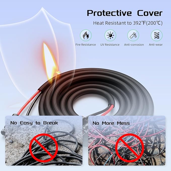 15FT Twin Wire Solar Panel Extension Cable 10 Gauge PV Wire with IP68 Female &amp Male Waterproof Connectors Flame Retardant Protective Sleeving and Dust Caps for Home RV Photovoltaic Systems