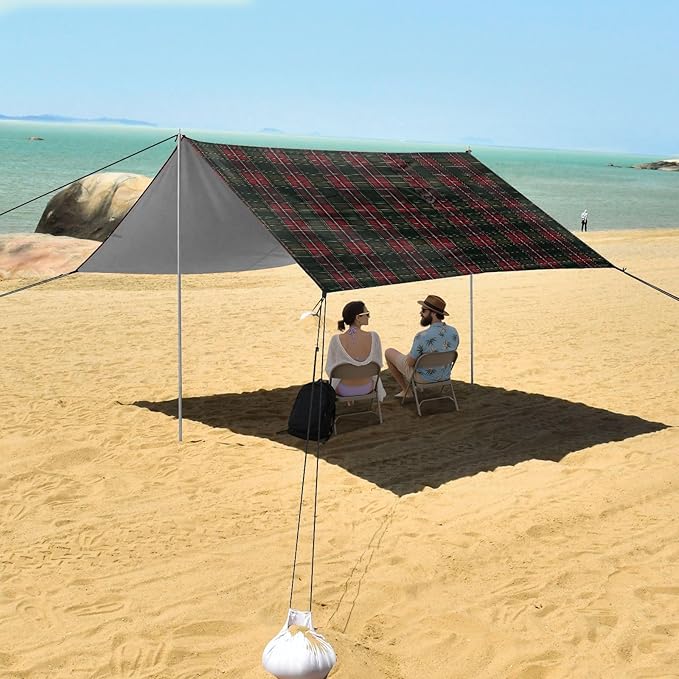 ALAZA Green and Red Tartan Plaid Beach Tent Sun Shelter UPF50+ Protection Beach Shade Canopy w/ 4 Sandbags for Outdoor Camping Fishing Backyard Fun Picnic 10x9 ft