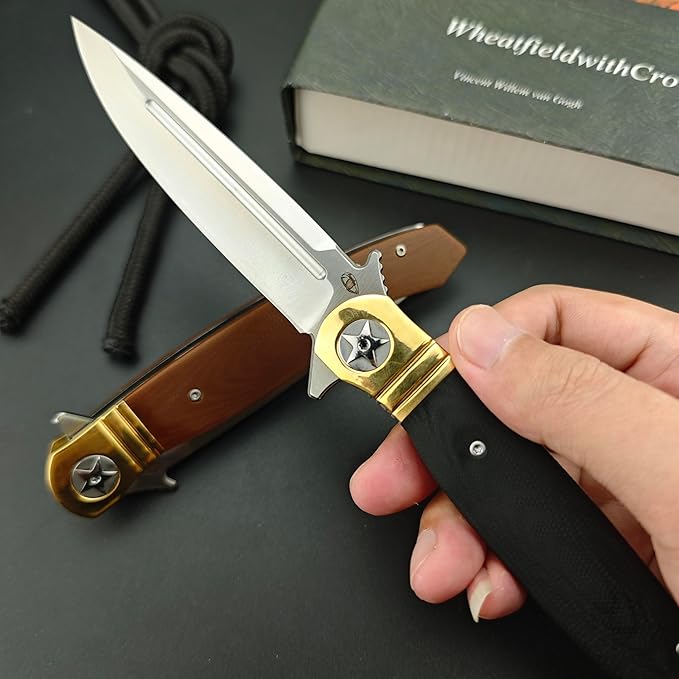 10 Large Finka-NKVD Flipper Opening Pocket KnifeFolding Knives with Clip and Liner Lock440C Blade and Brown G10 HandleEDC Tool for CampingHikingFishing (Black)