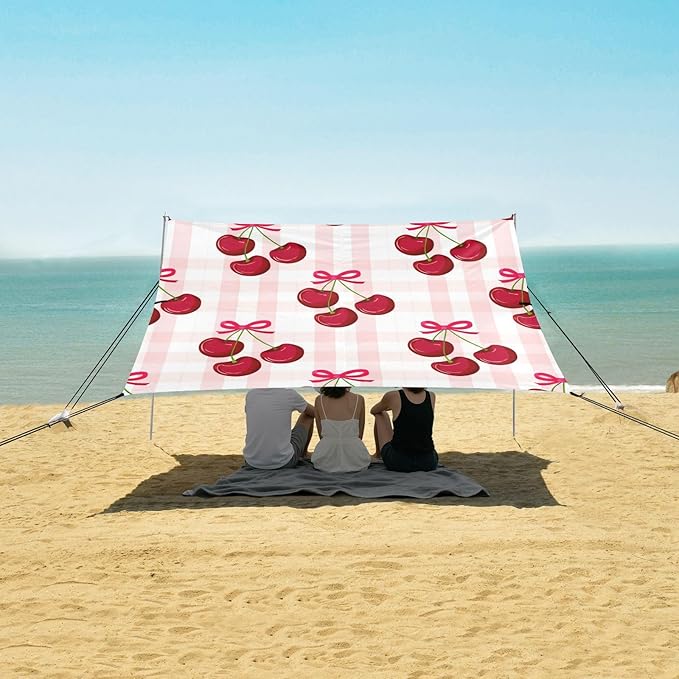 xigua Cherry Beach Tent Sun Shelter with Carrying Bag - Silver Coated Oxford Fabric Beach Canopy for Beach Camping Fishing - Includes Windproof Ropes Sandbags &amp Stakes