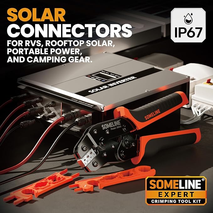 SOMELINE Solar Connector Crimping Tool Kit 14 12 10 AWG Ratchet Wire Crimper 15 Pairs Solar Panel Connectors Wrenches and Automatic Solar Wire Stripper for Solar Panel Cable Assembly