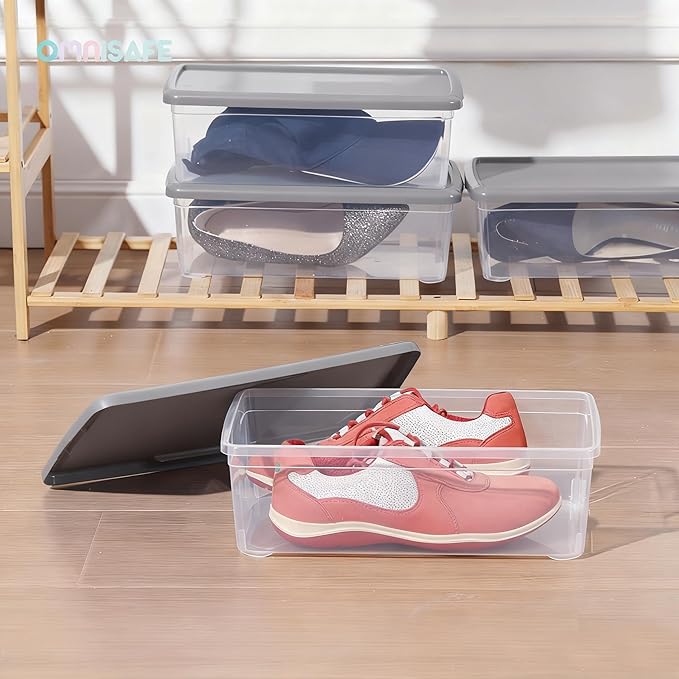 Stackable Plastic Storage Shoebox BPA-Free Nestable Container with Latching Lid to Organize Shoes See-Through Box for Home and Office Multi-Purpose Storage Case Clear Bins (12 Pack 6 Quart Gray)