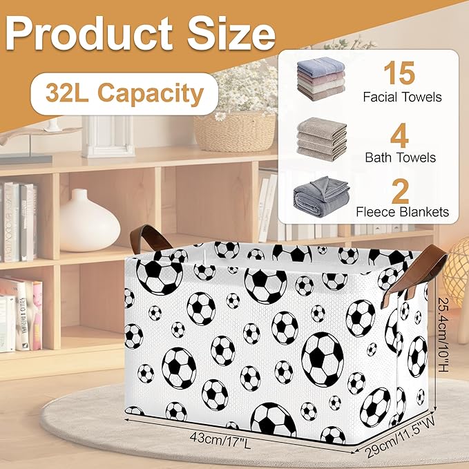 Black Soccer Football Storage Bins with Handles Collapsible Storage for Clothes Gift Basket Blankets &amp Closet Organization