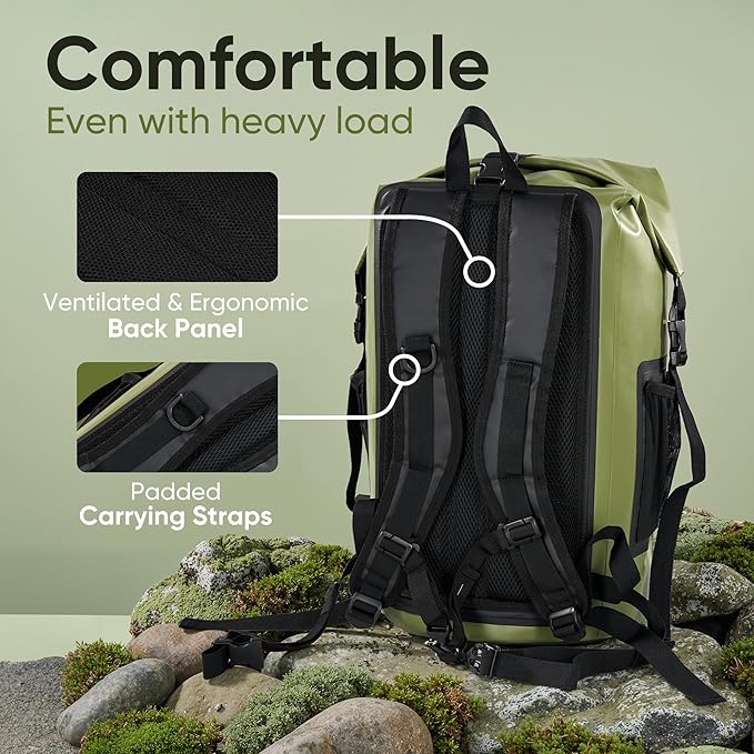 Dry Bag Waterproof Backpack 35L for Men &amp Women Roll-Top Hiking Backpack with IPX8 Waterproof Phone Case for Kayaking Boating Cushioned Padded Back Green