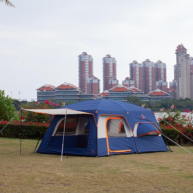 KTT Extra Large Tent 10-12-14 Person(B)Family Cabin Tents2 Rooms3 Doors and 3 Windows with MeshStraight WallWaterproofDouble LayerBig Tent for OutdoorPicnicCampingFamily Gathering
