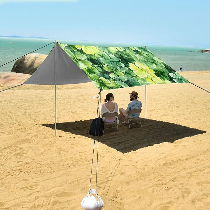 xigua St. Patrick's Day Clover Beach Tent Sun Shelter with Carrying Bag - Silver Coated Oxford Fabric Beach Canopy for Beach Camping Fishing - Includes Windproof Ropes Sandbags &amp Stakes