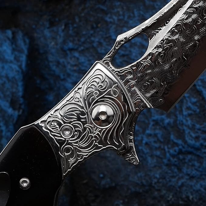 3.5 inch Japanese VG10 Damascus Steel Outdoor Folding Knife with Black Wood Handle Lined Lock EDC &amp Camping Use