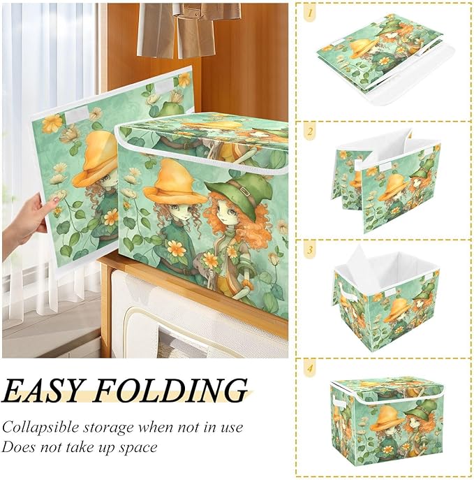 Christmas Storage Baskets with Lids Elf Girls in A Flower Field Collapsible Bins Stackable Fabric Linen Baskets Closet Organizer Container 16.5x12.6x11.8