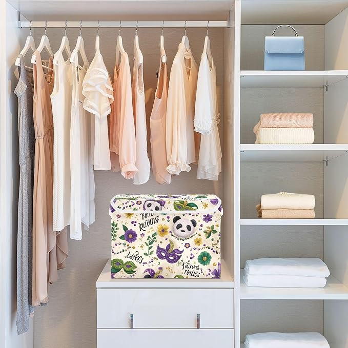 Mardi Gras Masks Leaves Beige Storage Box with Lid 1 PC Foldable Storage Bin with Lids Stackable Storage Bins Cube Closet Organizer Basket with Flip-Top Lid &amp Handles for Shoes Books Towels