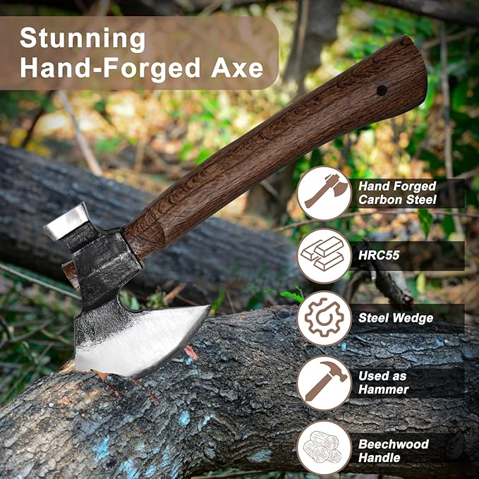 Wood Splitting Axe with Leather SheathCamping Hatchet with 10.74 Solid HandleBushcraft Axe with Hammering for GardeningChopping Felling SurvivalCarving