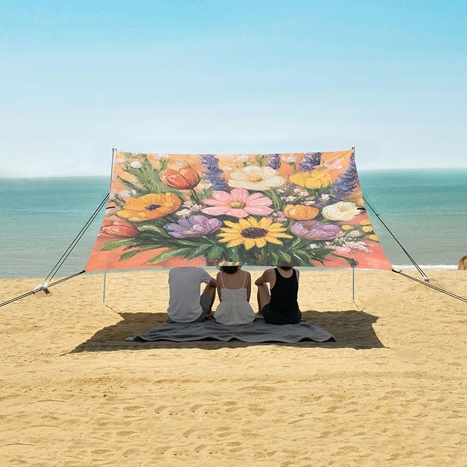 Spring Flowers Flower Bouquet Foldable Beach Tent UPF50+ Protection Waterproof Large Sun Shelter with Sand Shovel for Camping Picnics Backyard
