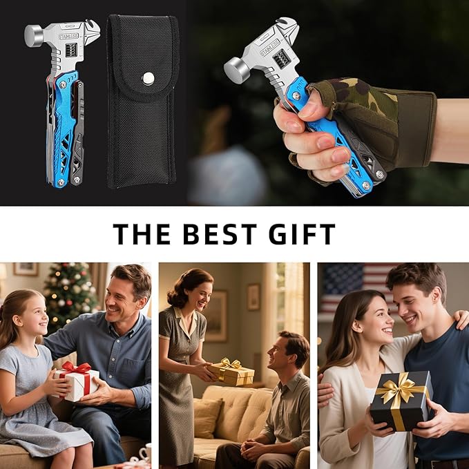 18-in-1 Multitool Hammer with Adjustable Wrench Stainless Steel Multi Tool Pliers All-in-One Survival Camping Tool Gift with Pocket Knife Hammer Saw Screwdrivers Bottle Opener Carrying Pouch