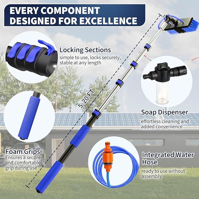 20FT Water Fed Solar Panel Cleaning Kit Telescopic Solar Panel Cleaning Brush with Extension Pole &amp Soap Dispenser for Household &amp Outdoor