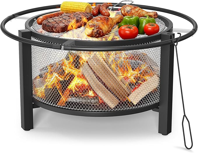 ONBRILL 2-in-1 32 Inch Fire Pit with Cooking Grill Outdoor Wood Burning Firepit with Poker for BBQ Bonfire Picnic Party Round Metal Fire Pit for Outside Backyard Patio